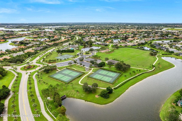 drone / aerial view with a water view