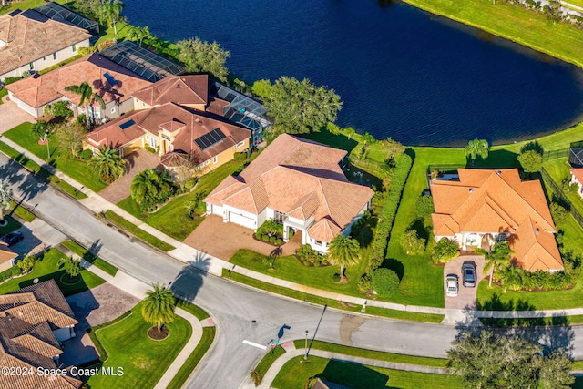 aerial view featuring a water view