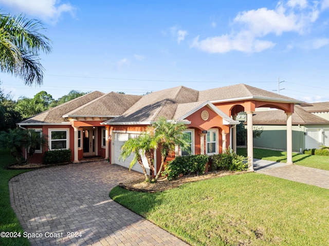 view of front facade featuring a garage and a front lawn