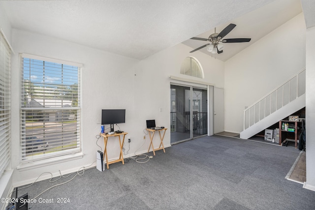 interior space featuring carpet floors, a textured ceiling, lofted ceiling, and ceiling fan