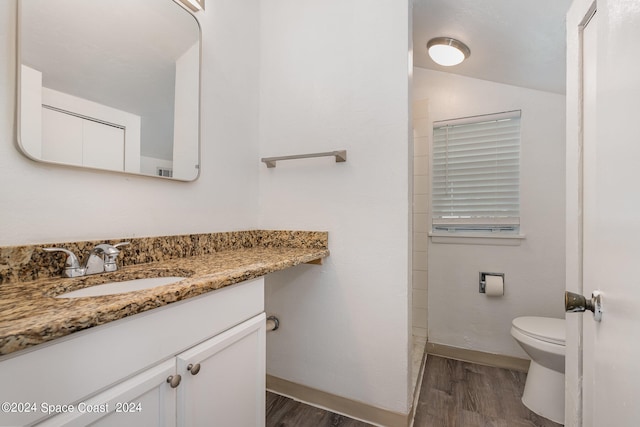 bathroom with wood-type flooring, vanity, toilet, and vaulted ceiling