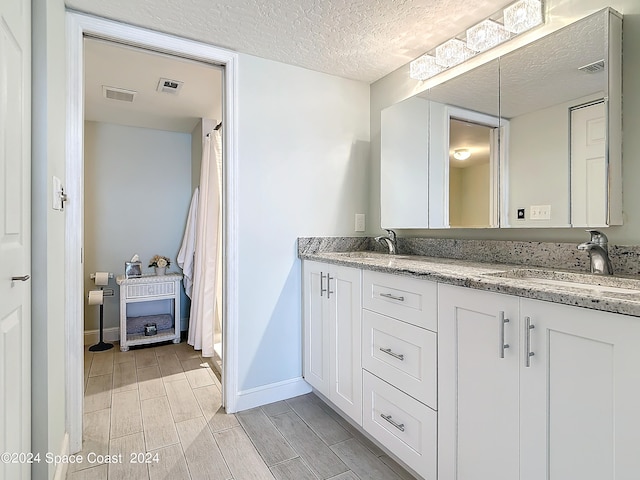 bathroom with wood-type flooring, a textured ceiling, and vanity