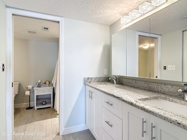 bathroom featuring wood-type flooring, a textured ceiling, vanity, and toilet