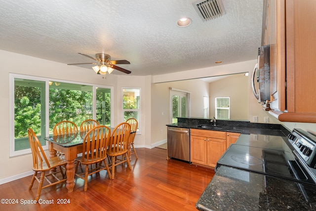 kitchen with a textured ceiling, appliances with stainless steel finishes, dark wood-type flooring, and sink