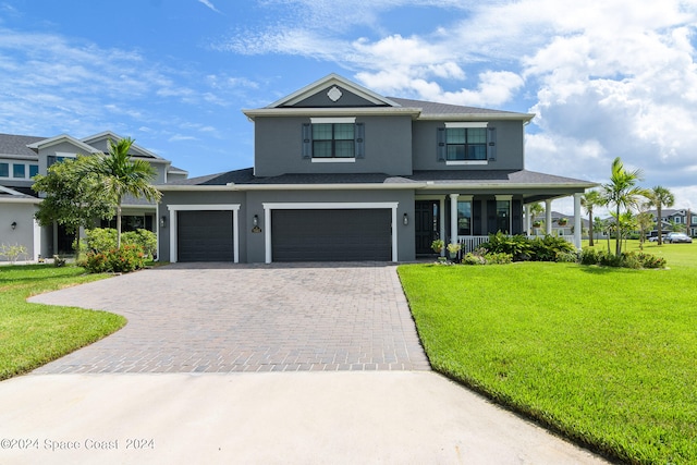 view of front of property with a front yard, a garage, and a porch