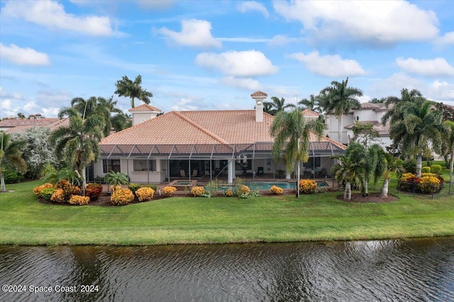 rear view of property with glass enclosure, a water view, and a lawn