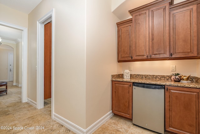 bar with light stone counters, dishwasher, and crown molding