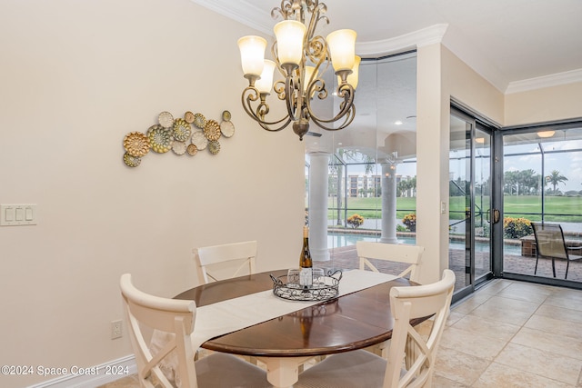 tiled dining space with a notable chandelier and crown molding