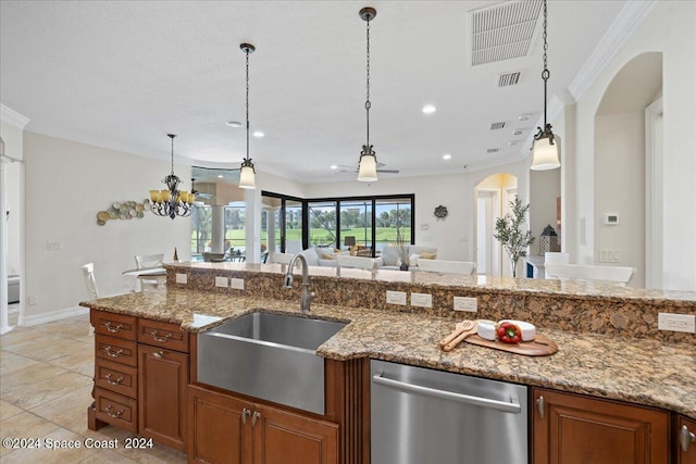 kitchen with sink, an inviting chandelier, crown molding, light stone countertops, and stainless steel dishwasher