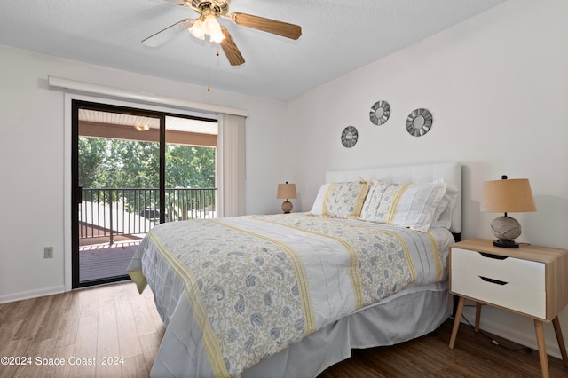 bedroom with wood-type flooring, a textured ceiling, access to exterior, and ceiling fan