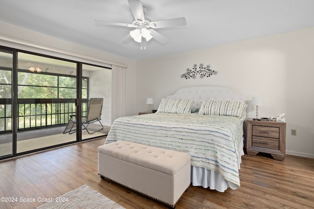 bedroom featuring ceiling fan, access to exterior, and hardwood / wood-style floors