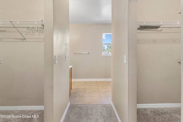 walk in closet with light colored carpet