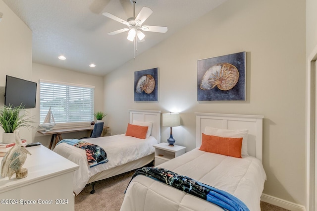 carpeted bedroom featuring recessed lighting, lofted ceiling, baseboards, and ceiling fan