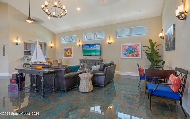 living room featuring high vaulted ceiling