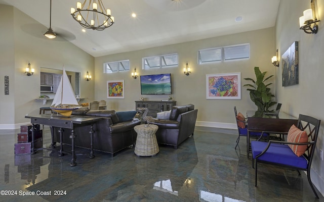 living room with vaulted ceiling, baseboards, an inviting chandelier, and recessed lighting