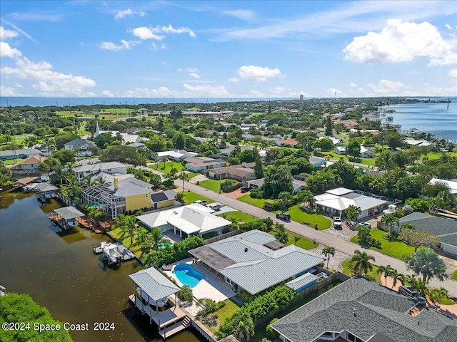 drone / aerial view featuring a water view