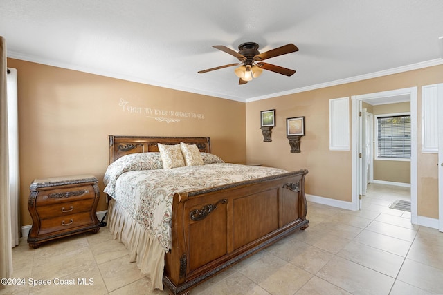 bedroom featuring ceiling fan, light tile patterned floors, and ornamental molding