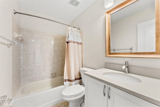 618 Mimosa Ct, Melbourne, FL 32940 - bathroom featuring vanity, visible vents, toilet, shower / tub combo with curtain, and a textured wall
