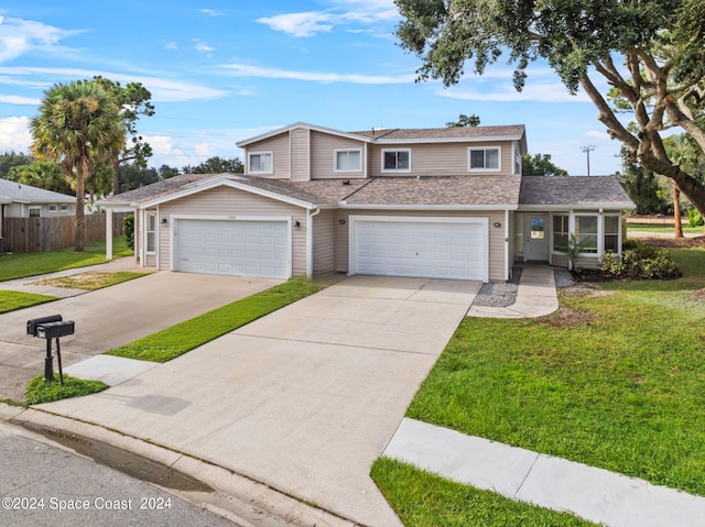 view of front property featuring a garage and a front lawn