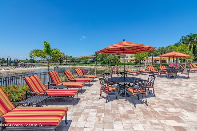 view of patio / terrace featuring a water view