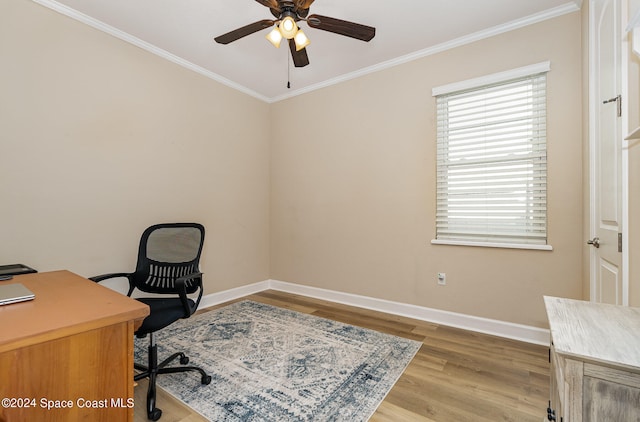 office featuring hardwood / wood-style flooring, ceiling fan, and ornamental molding