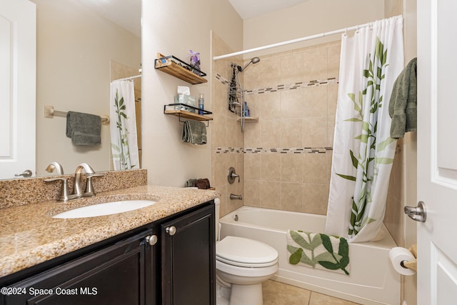 full bathroom featuring tile patterned flooring, shower / bath combination with curtain, toilet, and vanity