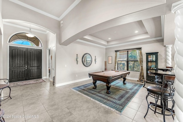 recreation room with crown molding, pool table, and light tile patterned floors