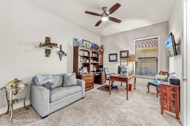 office space with ceiling fan and carpet floors