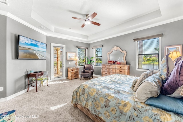 bedroom featuring a tray ceiling, carpet, and ceiling fan