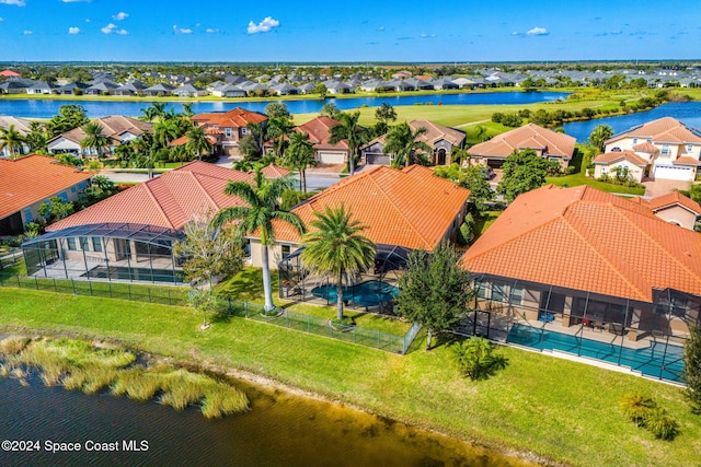 aerial view featuring a water view