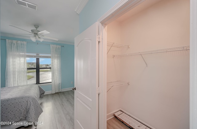 walk in closet featuring ceiling fan and light hardwood / wood-style flooring