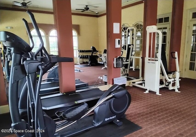 exercise room with carpet flooring, ornamental molding, and ceiling fan