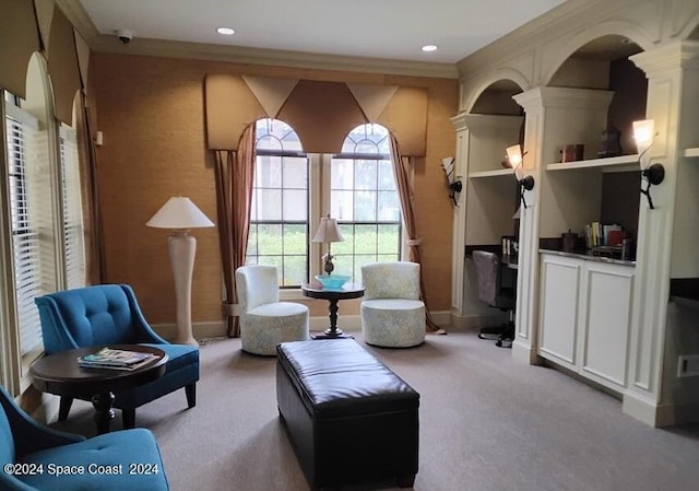 sitting room with light colored carpet