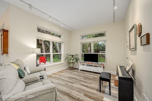 living room featuring track lighting and light hardwood / wood-style flooring