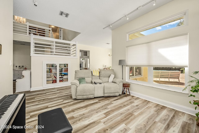 living room with light wood-type flooring and track lighting