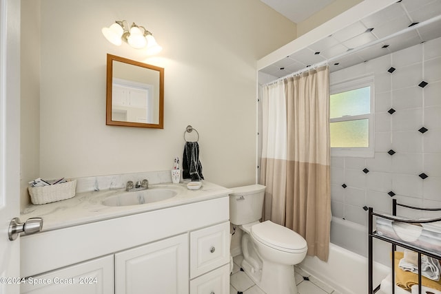 full bathroom with shower / bath combo, vanity, tile patterned flooring, and toilet