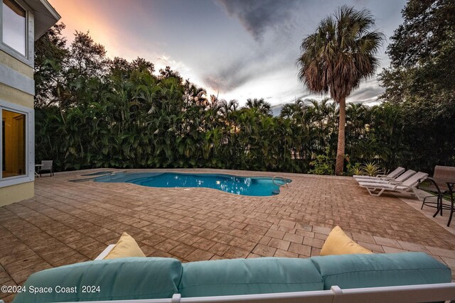 1165 Old Parsonage Dr, Merritt Island, FL 32952 - pool at dusk featuring a patio area, an outdoor pool, and an outdoor hangout area