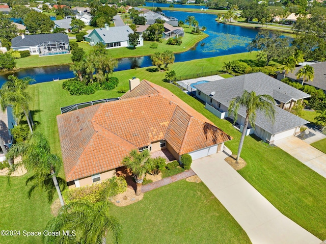 aerial view featuring a water view