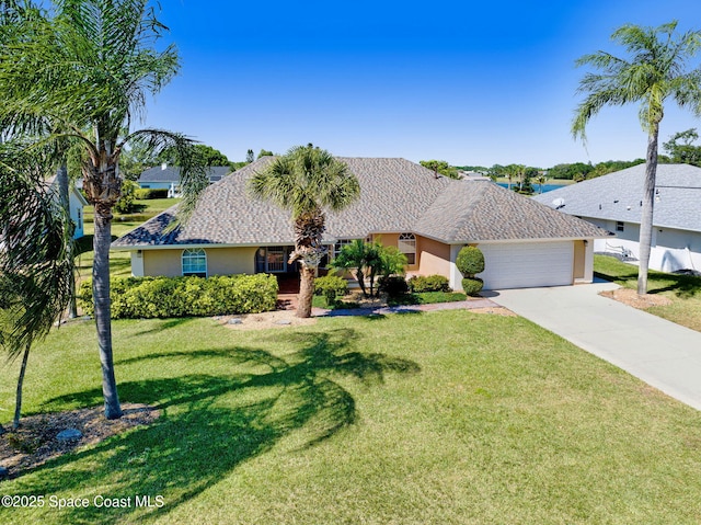 818 Spanish Wells Dr, Melbourne, FL 32940 - ranch-style house featuring stucco siding, a front lawn, driveway, and a garage