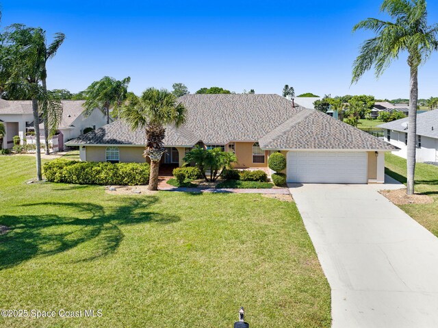 818 Spanish Wells Dr, Melbourne, FL 32940 - ranch-style home with an attached garage, concrete driveway, a front yard, and stucco siding