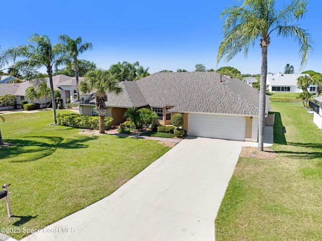 818 Spanish Wells Dr, Melbourne, FL 32940 - ranch-style house featuring a residential view, a front lawn, concrete driveway, an attached garage, and stucco siding