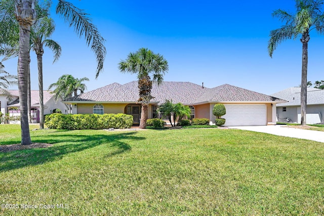 818 Spanish Wells Dr, Melbourne, FL 32940 - ranch-style home with stucco siding, driveway, a front yard, and a garage