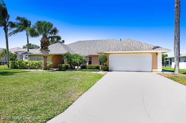 818 Spanish Wells Dr, Melbourne, FL 32940 - ranch-style house with a garage, concrete driveway, a front yard, and stucco siding