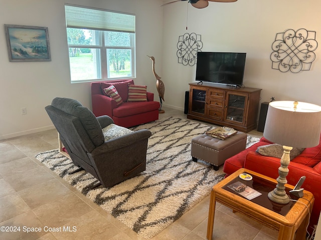 living room featuring ceiling fan