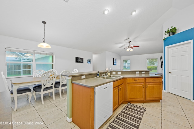 kitchen featuring white dishwasher, lofted ceiling, sink, and a wealth of natural light