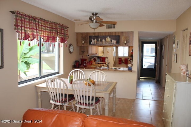 tiled dining area featuring ceiling fan, plenty of natural light, and sink