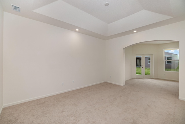 empty room with light carpet and a raised ceiling