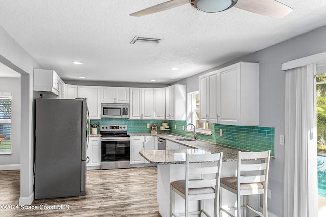 kitchen with a peninsula, ceiling fan, a sink, light wood finished floors, and appliances with stainless steel finishes