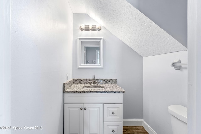 bathroom with vanity, toilet, lofted ceiling, and hardwood / wood-style floors