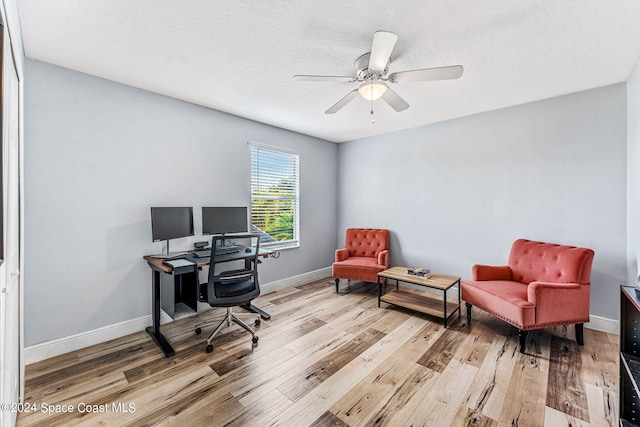 office space featuring a textured ceiling, light wood-type flooring, and ceiling fan